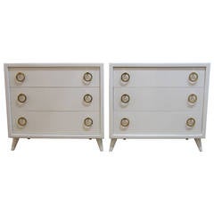 Pair of Lacquered Bachelors Chests or Bedside Tables with Brass Hoop Pulls