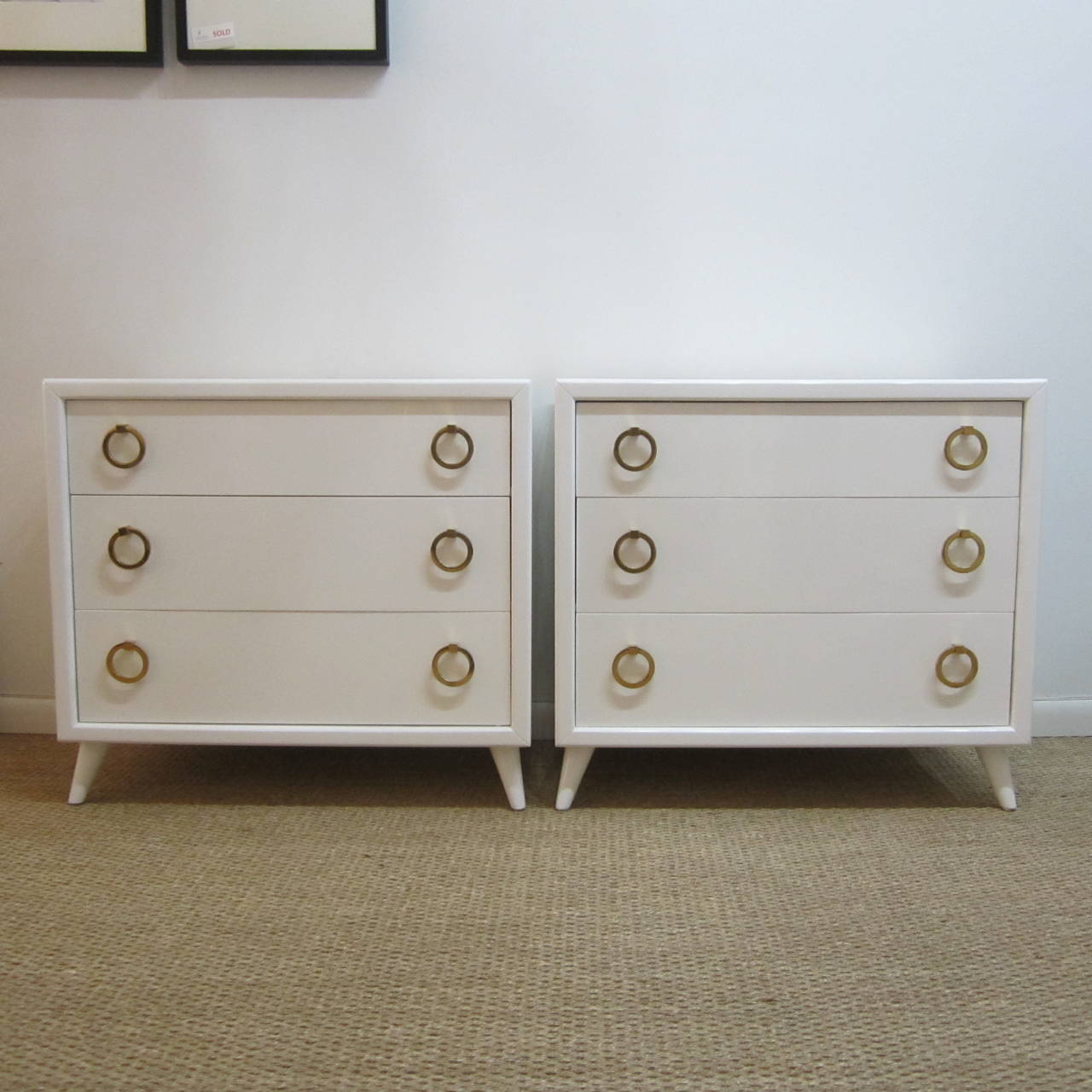 Pair of Lacquered Bachelors Chests or Bedside Tables with Brass Hoop Pulls