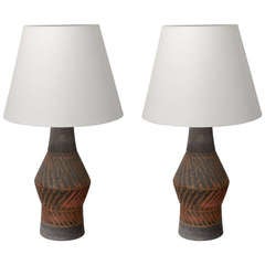 Pair of Grey and Orange Textured Terracotta Lamps