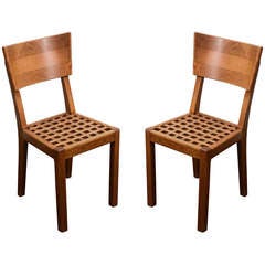 Pair of Wooden Side Chairs with Grid Seat