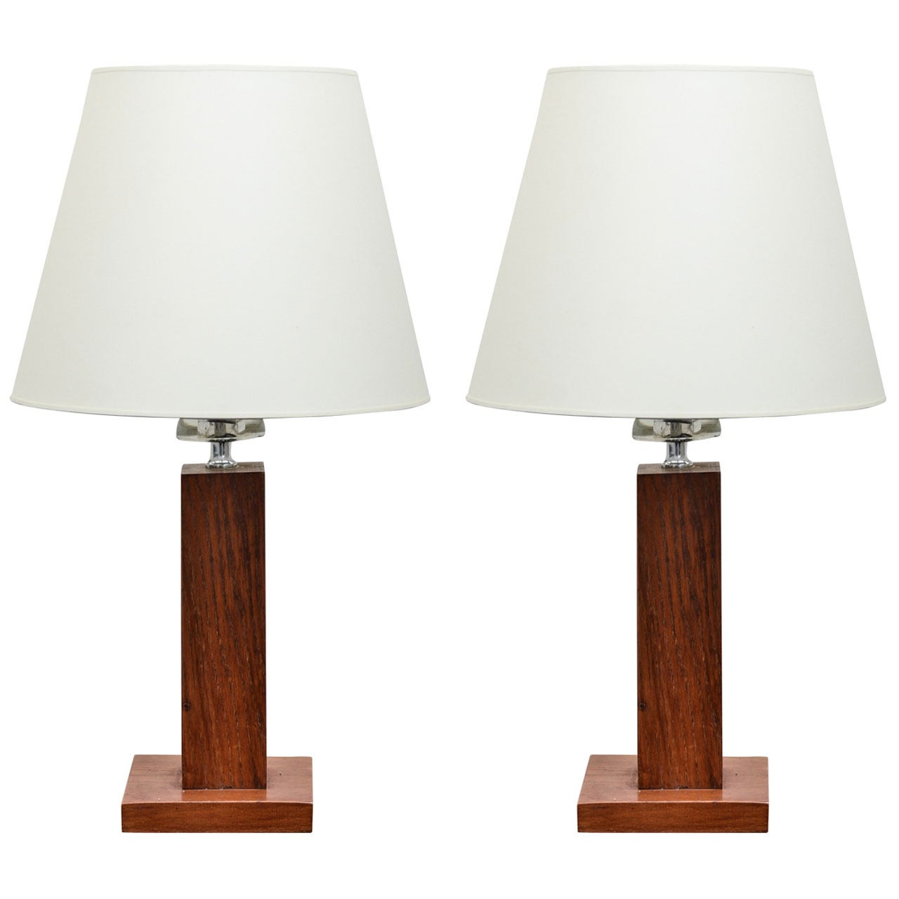 Pair of Square Oak Table Lamps with Half-Moon Glass Detail