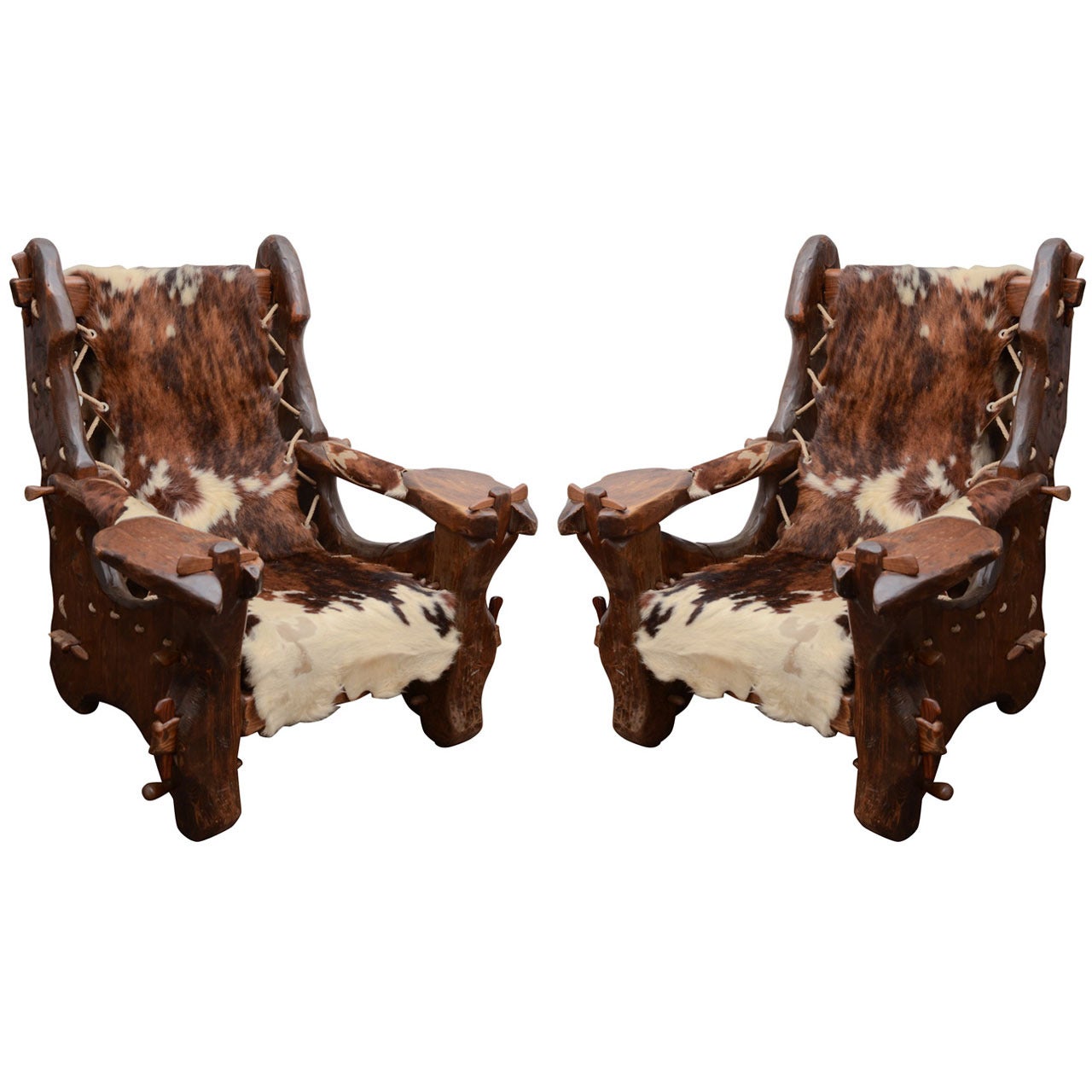 Pair of Pine and Cowhide Armchairs by Georges Charpentier, France, c. 1973