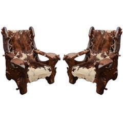 Pair of Pinewood and Cowhide Armchairs by Georges Charpentier 3