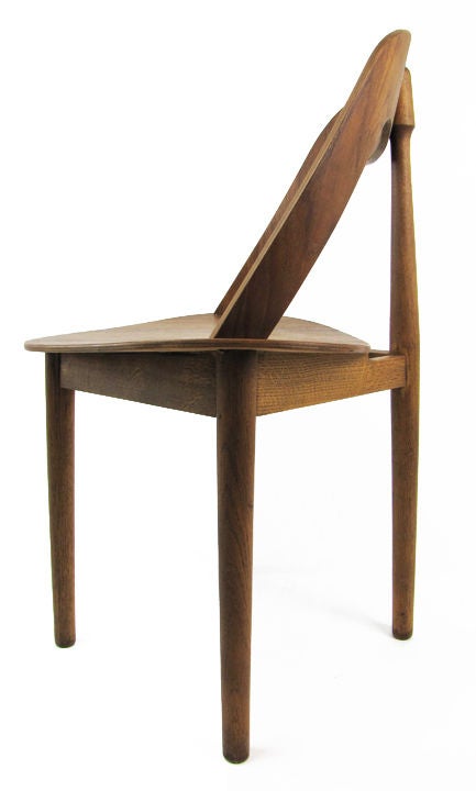 Unique prototype chair designed and built by Hans Olsen c.1957.  Teak plywood seat and curved plywood back complete this sensuous one of a kind form. Off-set leg structure of solid oak.

En excellent example of Danish craftsmanship and modern