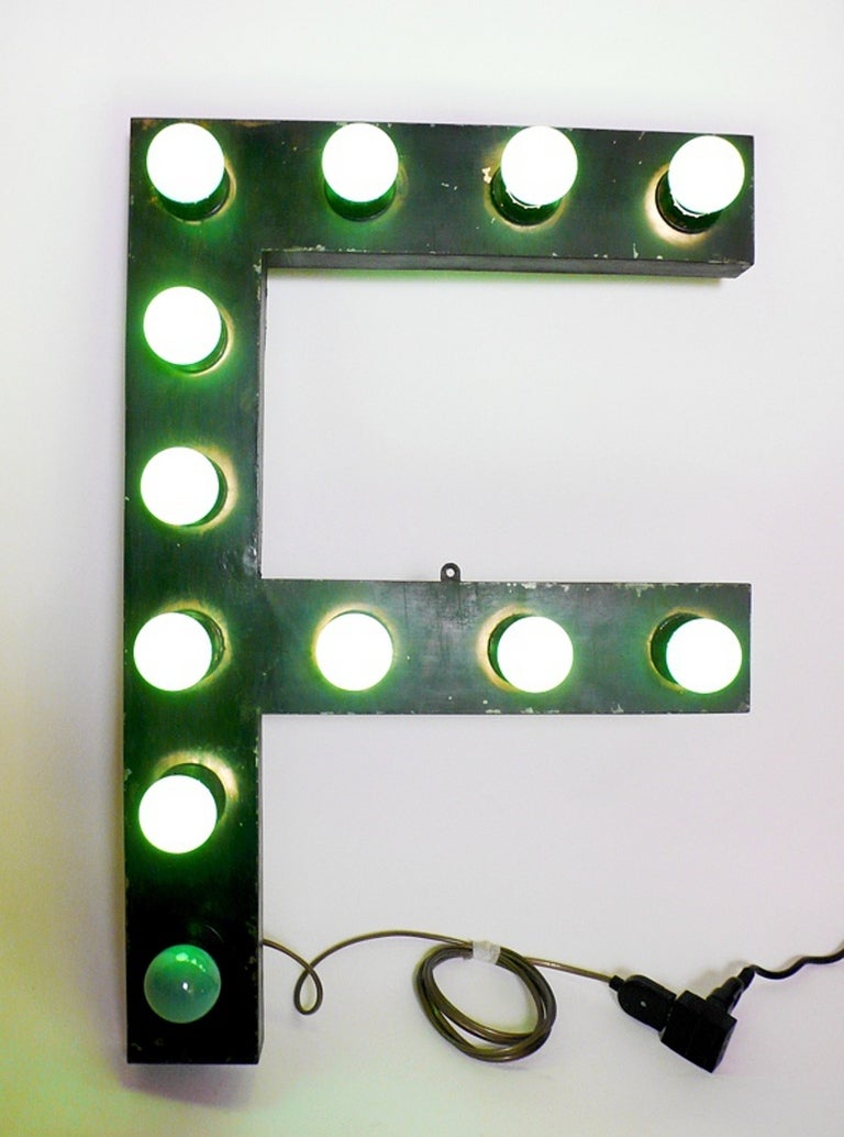 Mid-20th Century Painted Tin Letters Rewired With Bulbs Used for a Theater Sign