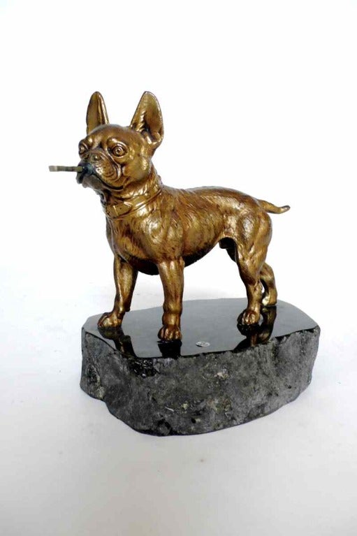 Over a green marble base,with moved profile of a bronze gilded depicting a French buldog, holding in his mouth a pendulum clock, wich entirely oscillate, the top part with all the clock, and in opposite the lower part with the sphere shaped weight.