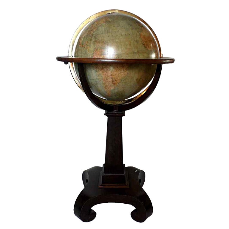 An Important English Library Terrestrial Globe , Wooden Plint Ov