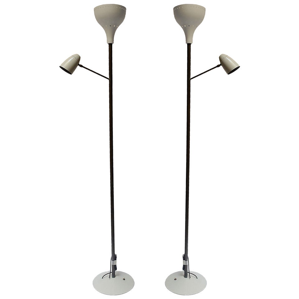 Pair of Italian Enameled Aluminum and Gilded Brass Floor Lamps - Italy, 1950