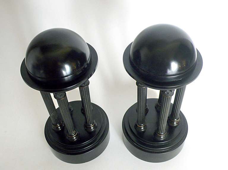 A rare pair of little marble round temples from Italian Grand Tour,  made out of black Belgium marble and bronze’s columns.