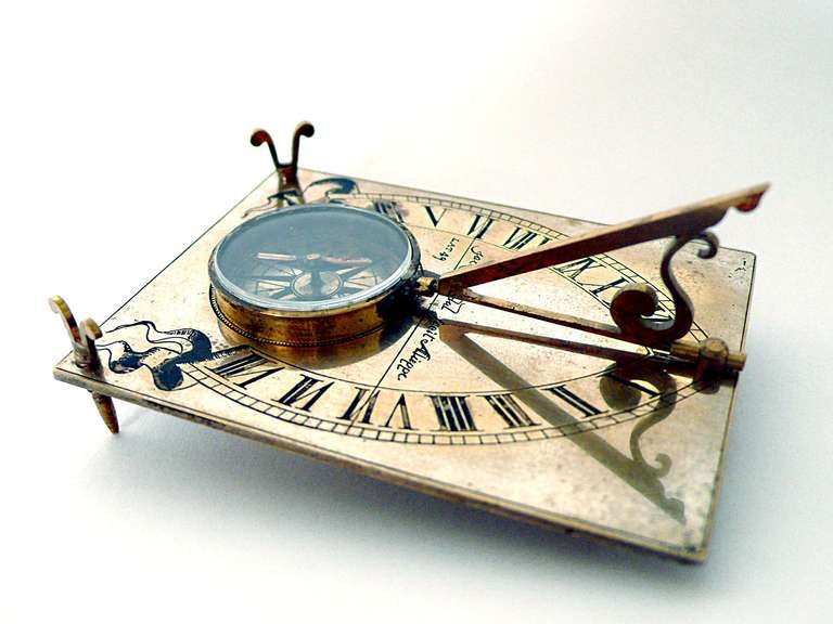 French A 19th Century Silvered And Gilt Brass Horizontal Compass Sundial. 