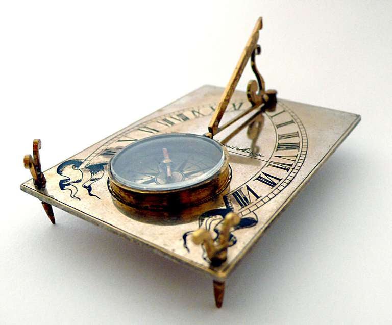A 19th Century Silvered And Gilt Brass Horizontal Compass Sundial. For
