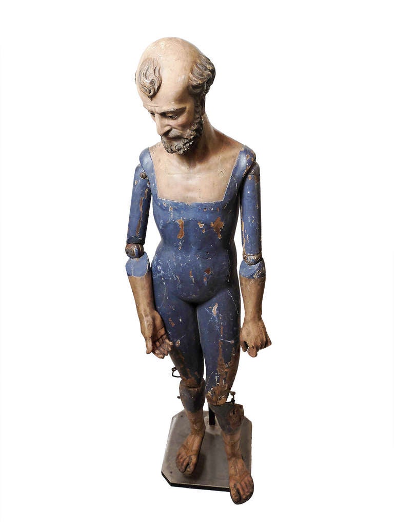 The sculpture was made in Trapani ( Sicily ) and depicts Saint Joseph. Is realized in carved fruitwood, finished with color, and for the head, arms and feet with refined chalk ( pastiglia ) and color. Sulphur glass eyes. Movable arms and legs, solid