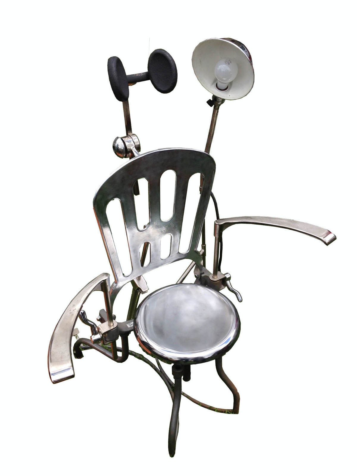 A Rare and Unusual Iron and Stainless Steel Dentist Armchair with Lamp