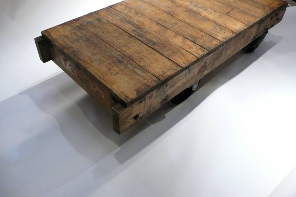 Wooden industrial cart with four metal wheels, Nutting Ind. 2