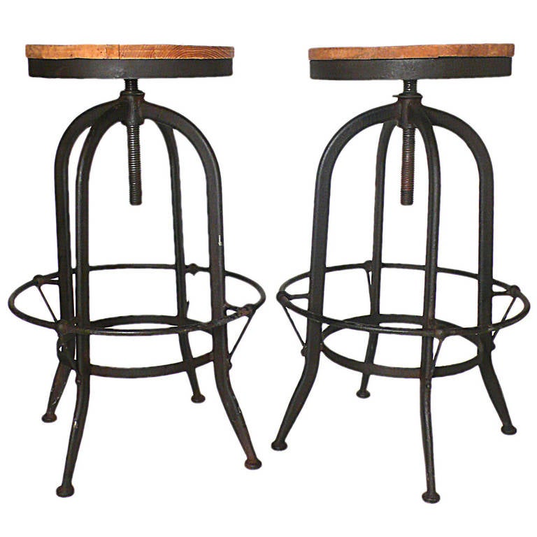 Pair of Industrial Stools with Tubular Iron Legs and Wooden Seats For