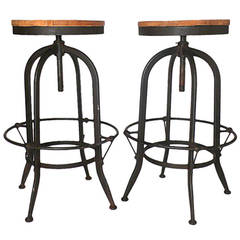 Pair of Industrial Stools with Tubular Iron Legs and Wooden Seats 6