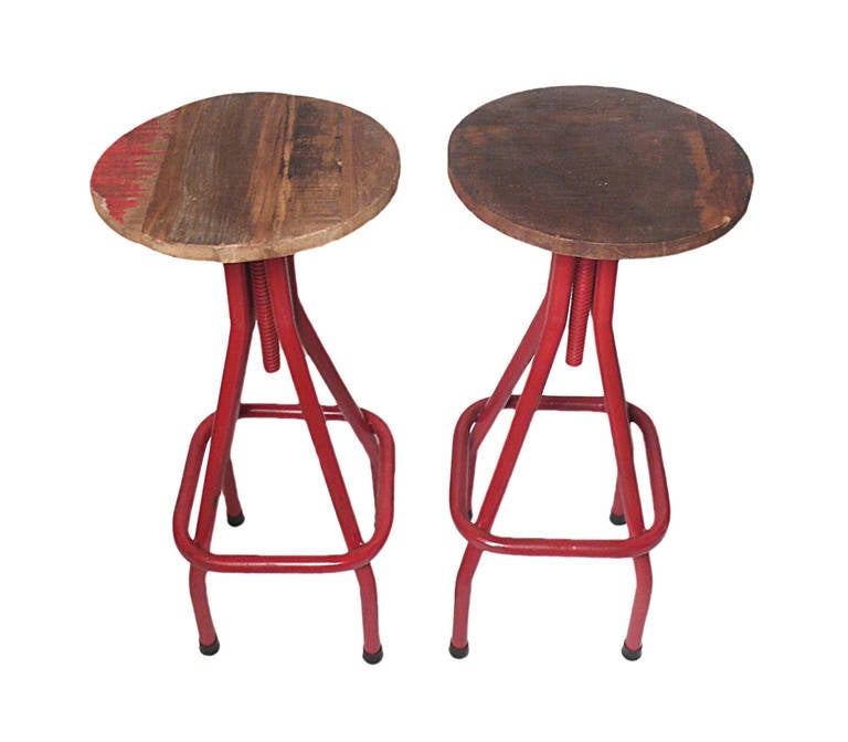 Italian Industrial Stools with Red Painted Tubular Iron Legs and Wooden Seats