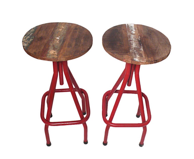 Mid-20th Century Industrial Stools with Red Painted Tubular Iron Legs and Wooden Seats