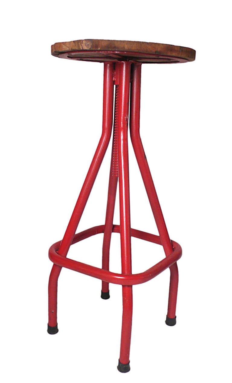 Industrial Stools with Red Painted Tubular Iron Legs and Wooden Seats 1
