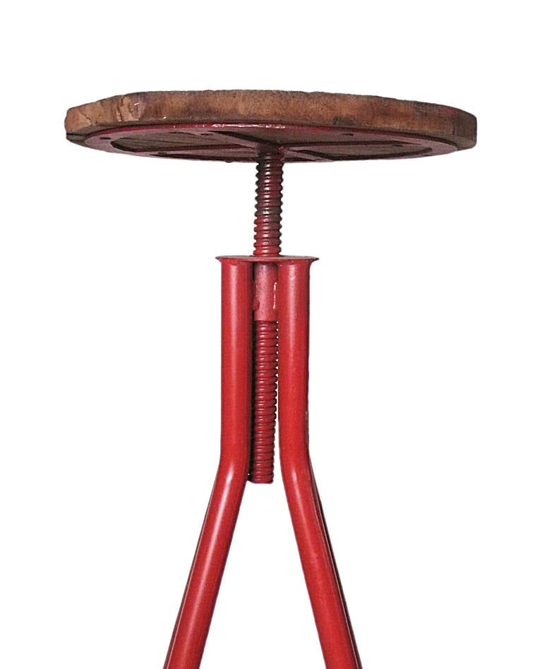 Industrial Stools with Red Painted Tubular Iron Legs and Wooden Seats 2