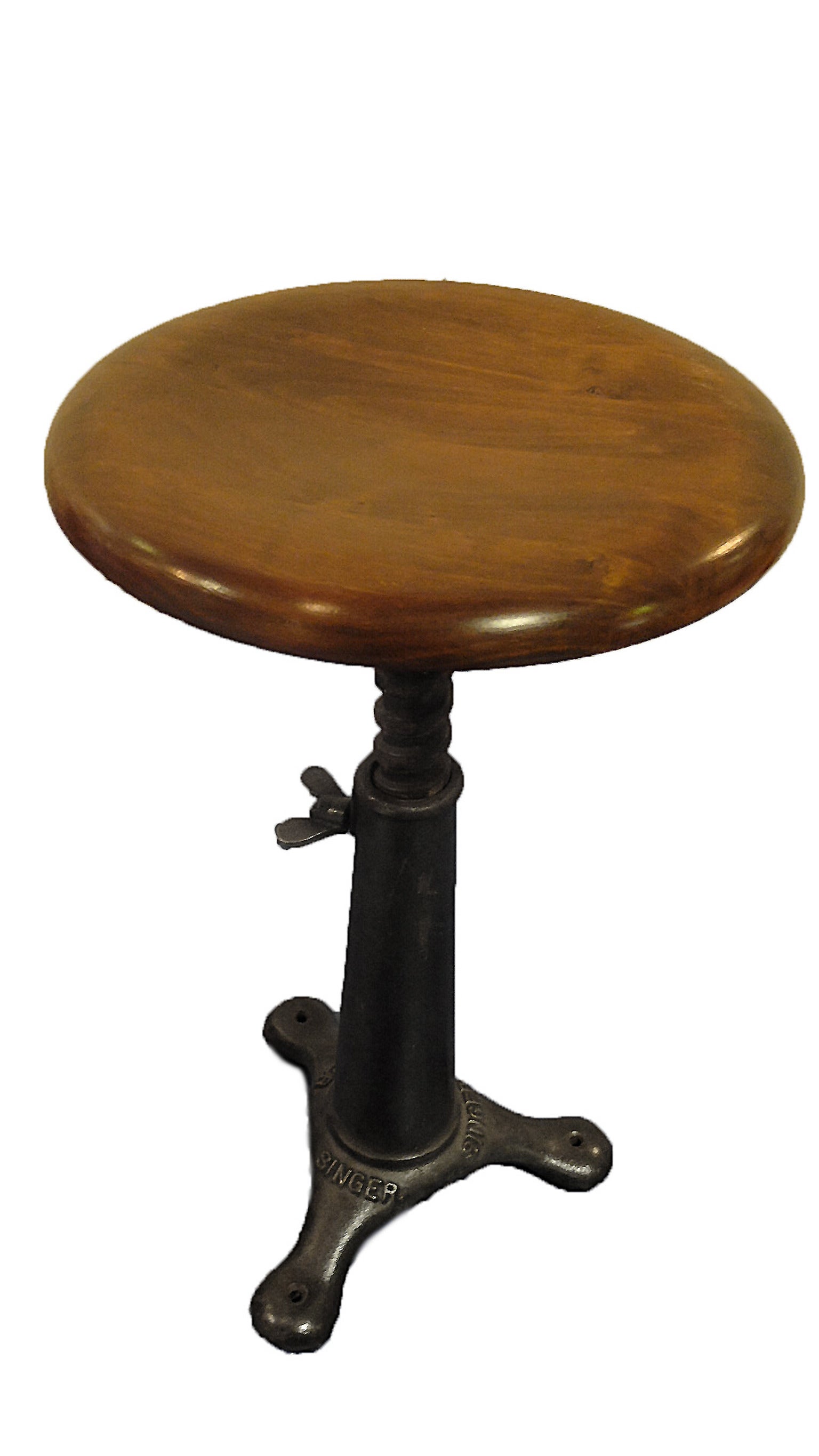 Singer industrial stool, made out of cast iron leg and wooden sit.