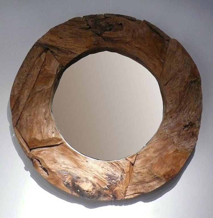 Pair Of Round Puzzle Solid Hard Seasoned Natural Wood Mirrors