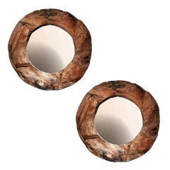 Antique Pair Of Round Puzzle Solid Hard Seasoned Natural Wood Mirrors