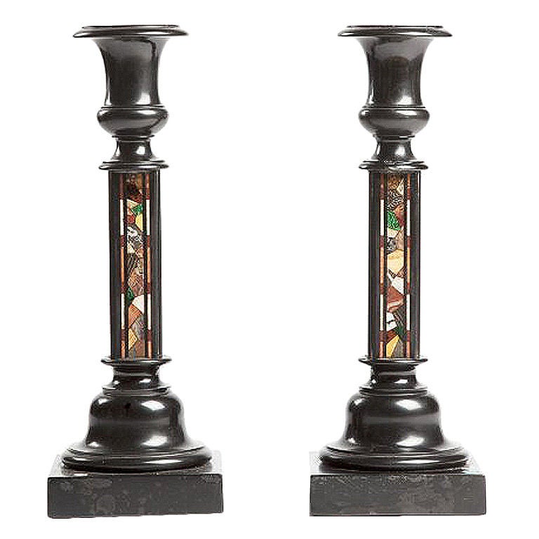A pair of marble and pietradura Grand Tour candlesticks