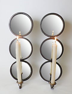 Unusual Pair of Sconces with Iron and Round Convex Mirrors