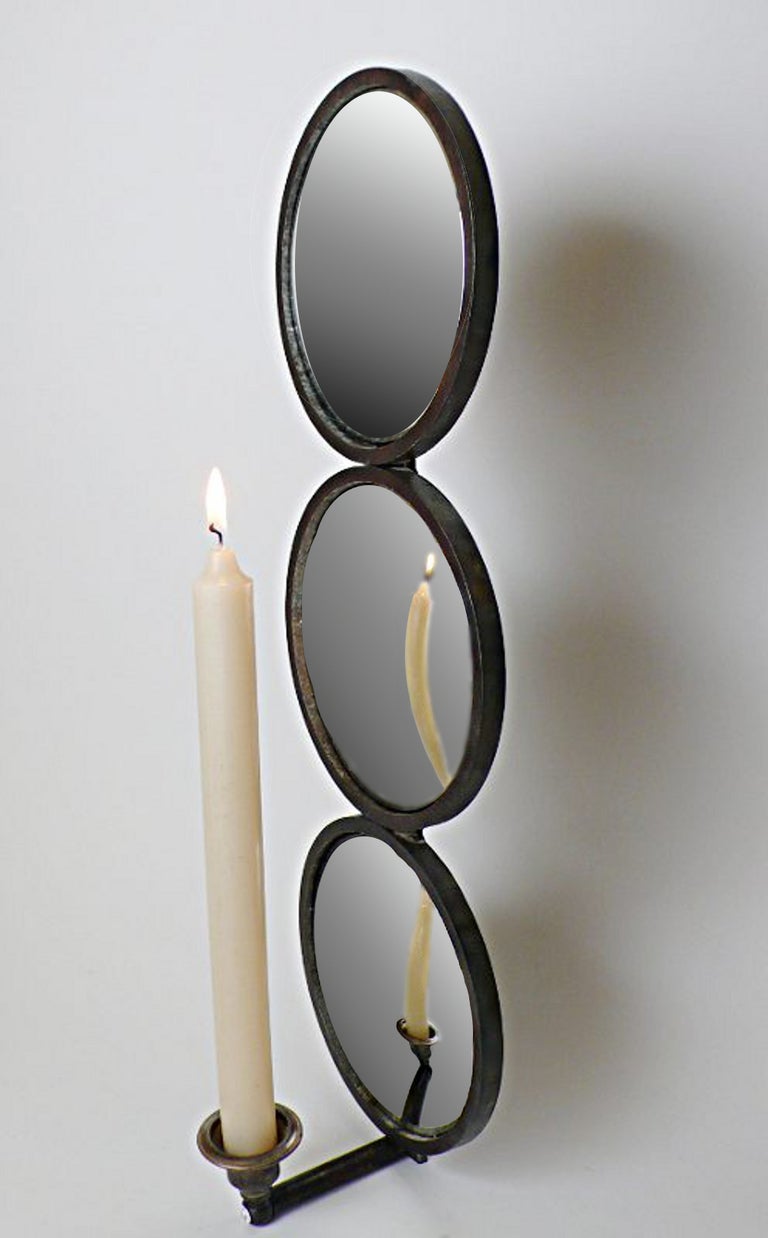 Unusual Pair of Sconces with Iron and Round Convex Mirrors