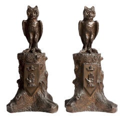 Antique An important Belgian pair of fireplace andirons with owls.