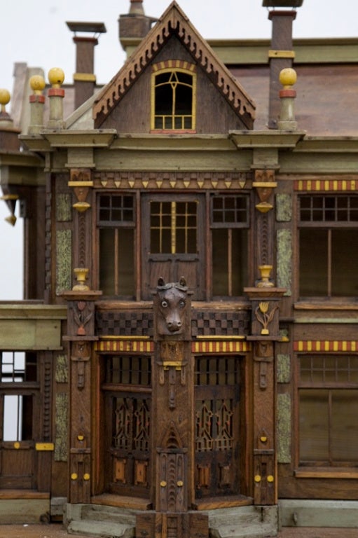 French Rare Painted Wooden Fretwork Birds Cage Depicting A House