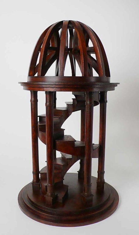 Wooden maquette of an architectural model of a dome with truss and a spiral staircase. Original patina.