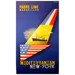Vintage Original 1950's European Ship Line Poster, Fabre Line by Tonelli