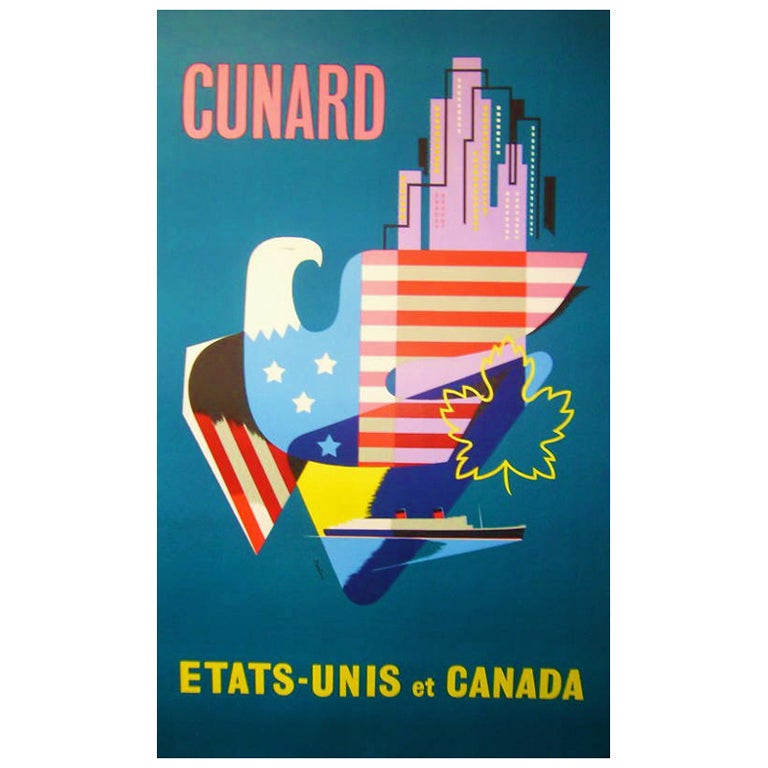 Original 1950's Cunard Ship Line Poster, USA to Canada, Great! For Sale