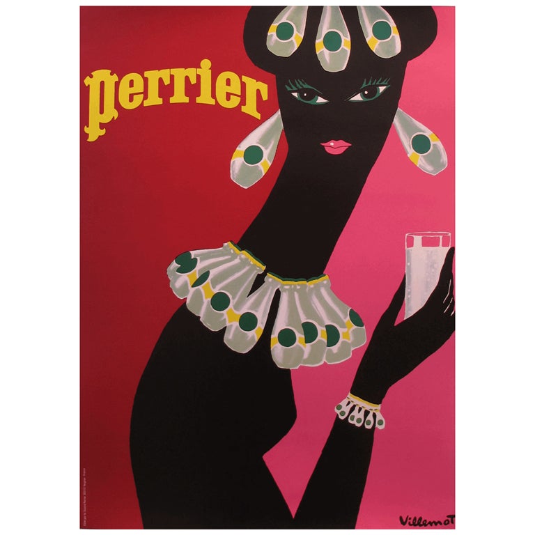 Original 1980's French Perrier Poster - Bernard Villemot For Sale