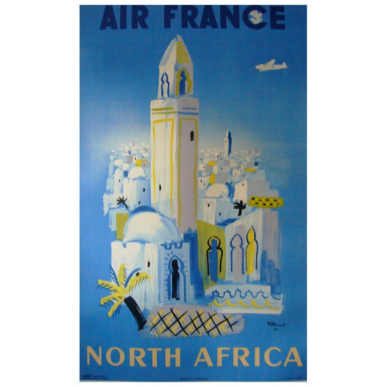 Orignal Vintage Air France Poster, North Africa - Villemot For Sale
