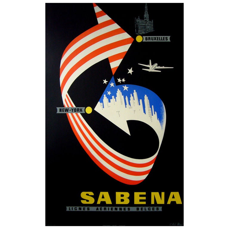 Set of Two Sabena Airline Posters 1950s, Bruxelles to New York For Sale