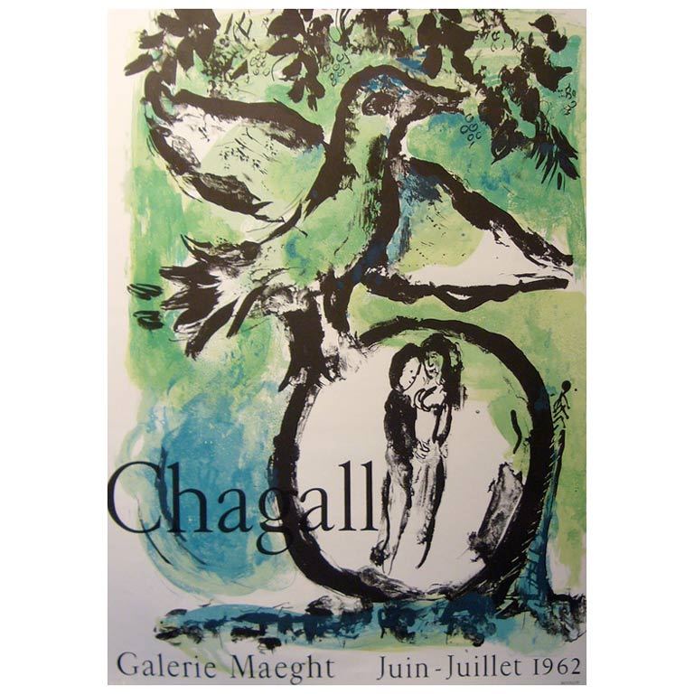 Original 1962 Marc Chagall Exhibition Poster, L'Oiseau Vert For Sale