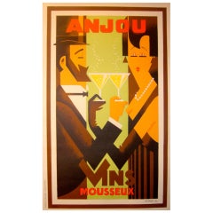 Original 1980s Art Deco Style Wine Poster, Anjou Vins Mousseux