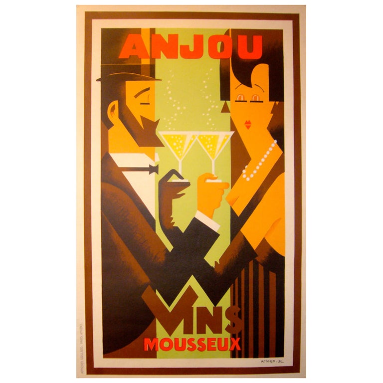 Original 1980s Art Deco Style Wine Poster, Anjou Vins Mousseux For Sale