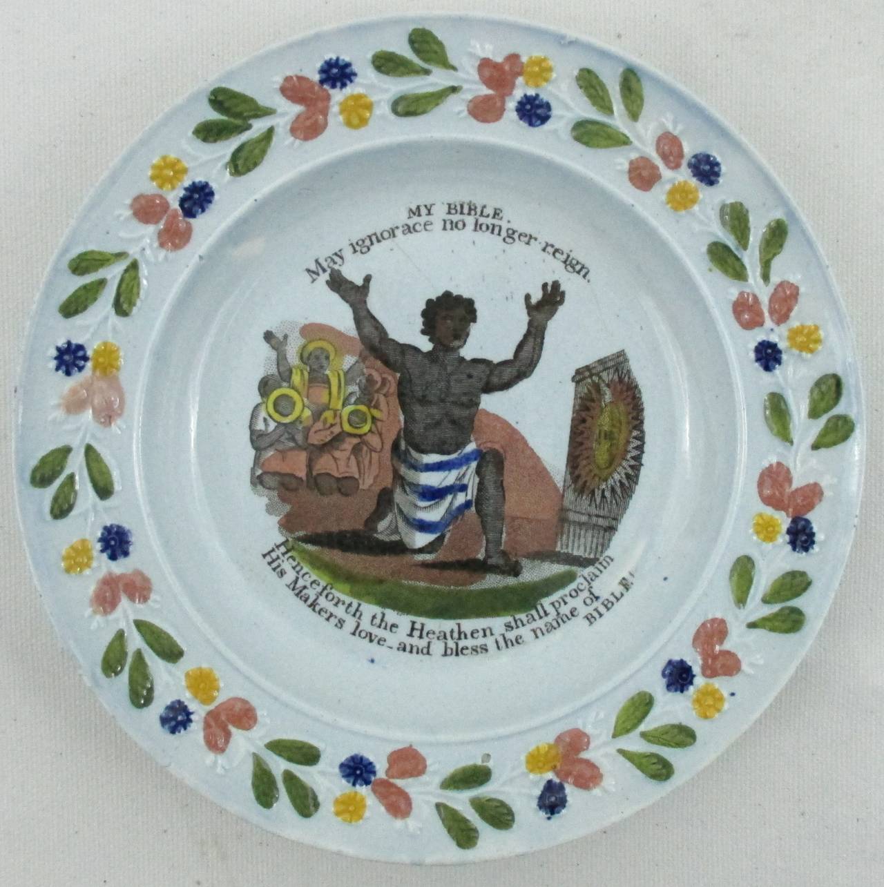 Printed and hand painted Staffordshire child's plate. for further information and discussion of this object see Winterthur Museum's online collection.