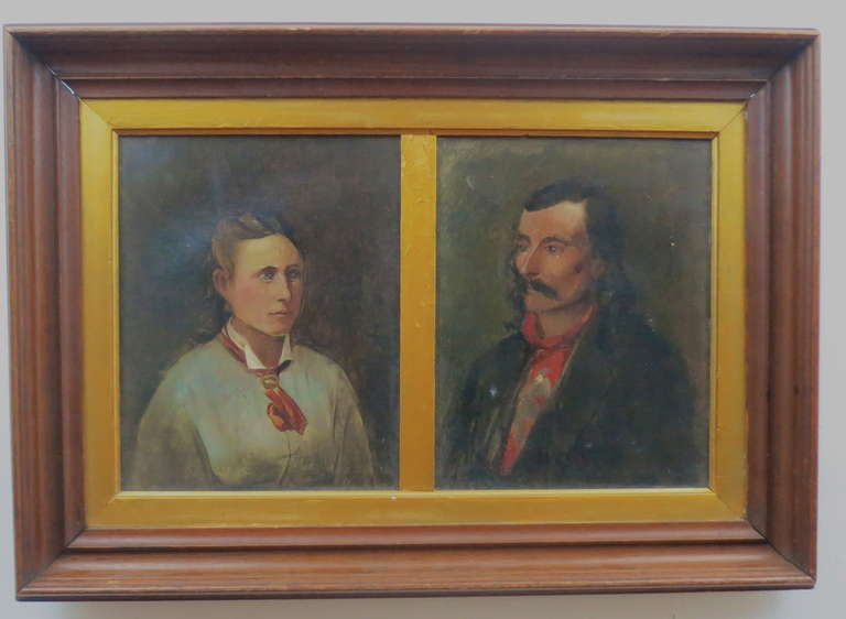 Oil on canvas double Folk Art portraits of Calamity Jane and Wild Bill Hickok, individual canvas sizes, 8