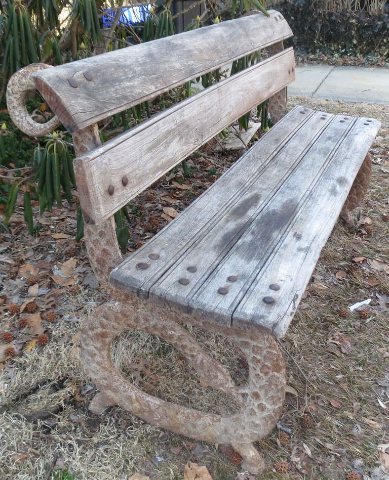 Cast iron serpent bench ends and wooden slats, nice oxidized surface.