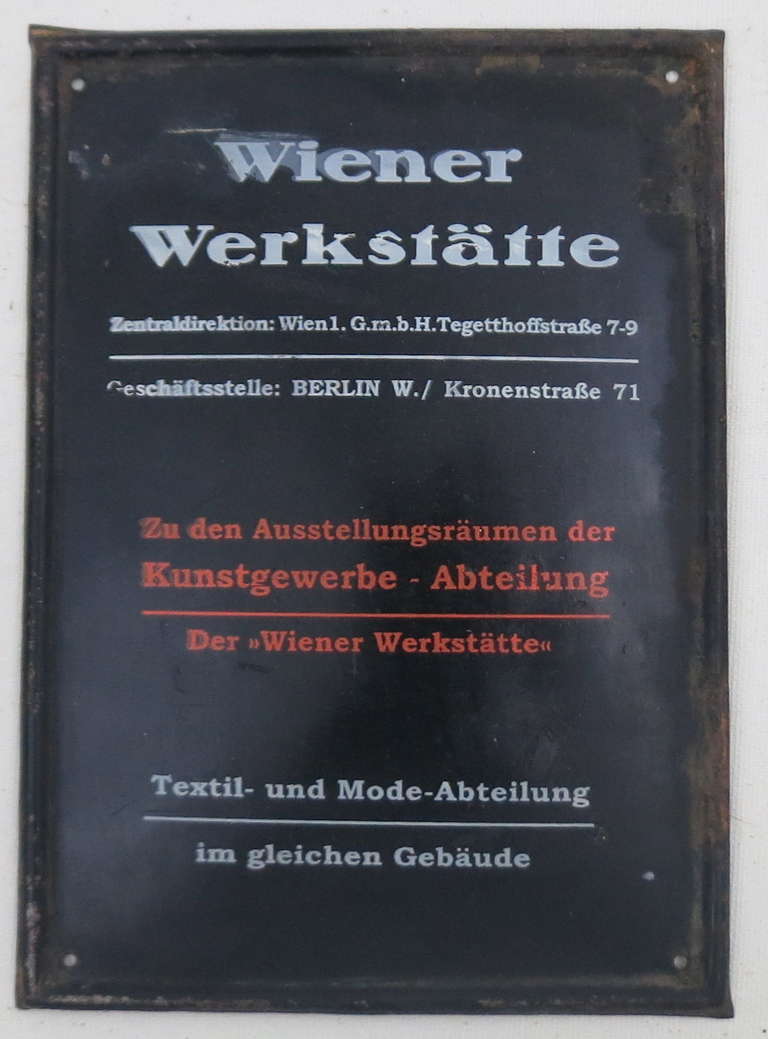 Rare tin sign from the Wiener Werkstatte show and work rooms of the textile and fashion department in Vienna and Berlin.