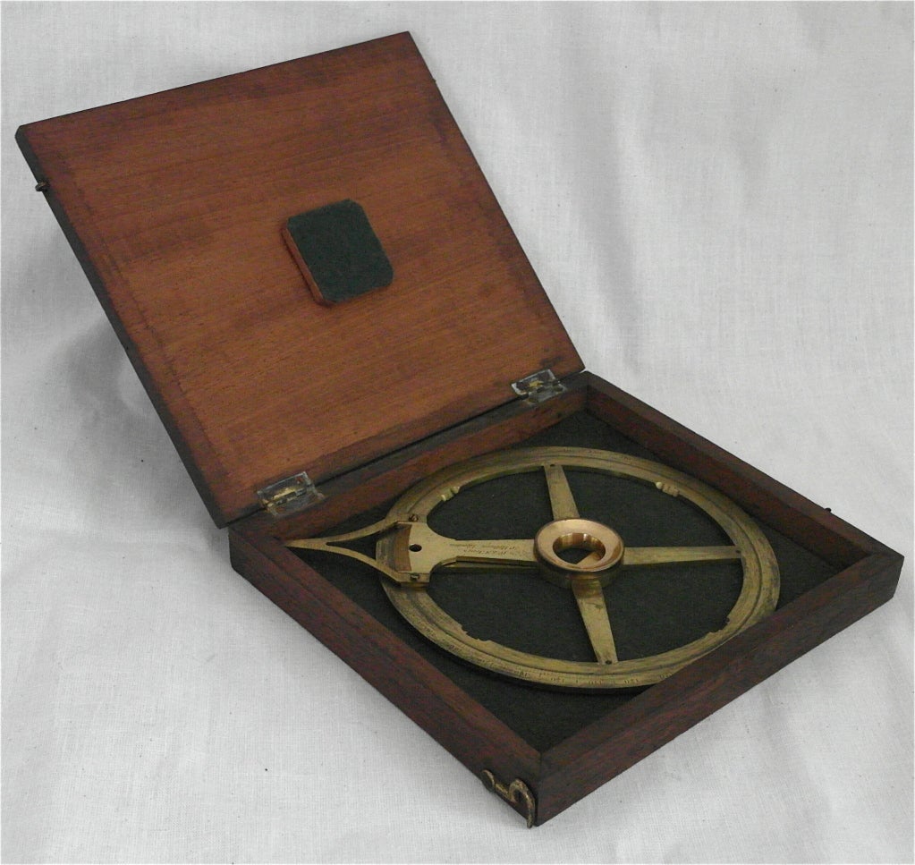 W & S Jones, 30 Holborn, London, single arm brass protractor, original case.