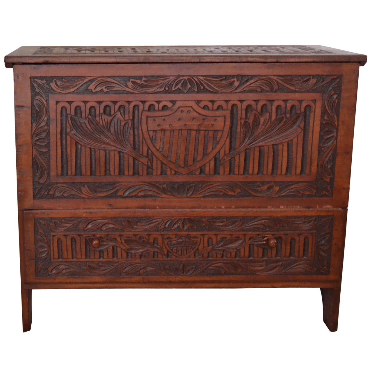 New England Blanket Chest with Patriotic Carving For Sale