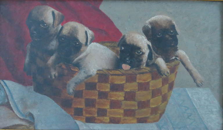 Very sweet painting on artist board of four pug puppies in a basket, in an elaborate period frame