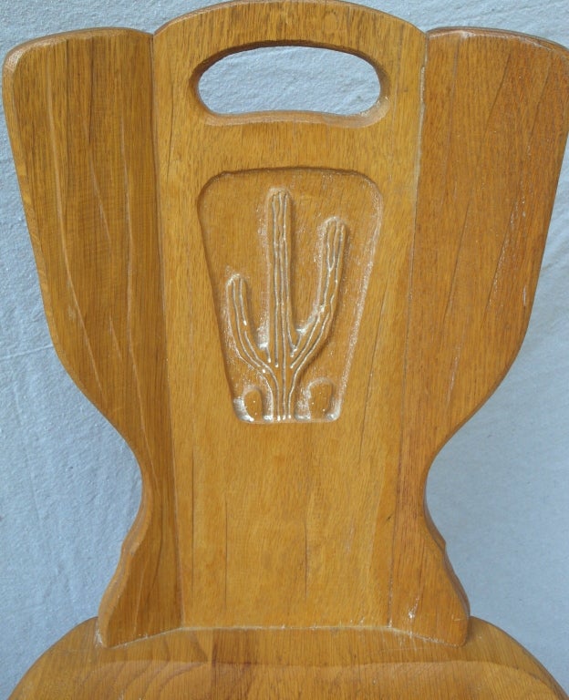 Pair of A. Brandt Ranch Oak, Fort Worth, Texas, side chairs with carved cactus backs, paper label