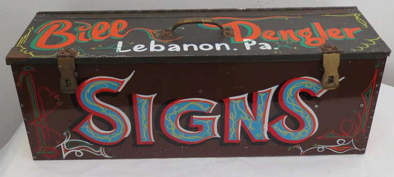 Metal sign painter's box, from Lebanon, PA. super graphics on the riveted box